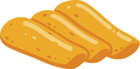 Three golden brown tteokbokki rice cakes in a row.