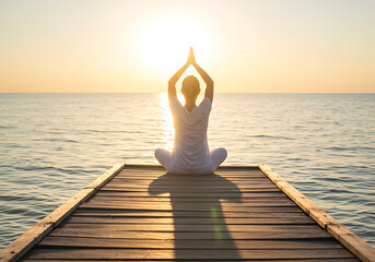 Serene Caucasian Woman Practicing Yoga Pose on Sandy Beach at Seashore Wellness, Mindful Lifestyle, and Coastal Tranquility