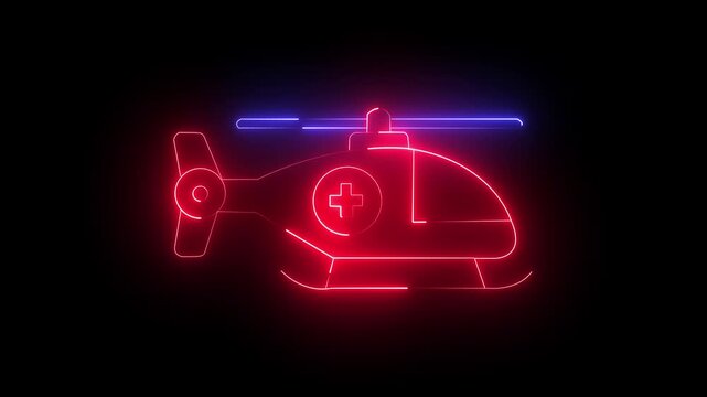 glowing neon Helicopter medical emergency rescue icon on black background animation