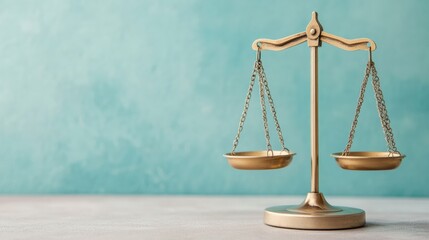 Scales of justice depicting law, judgment, and equality. Concept of balanced legal system or fairness on a teal background