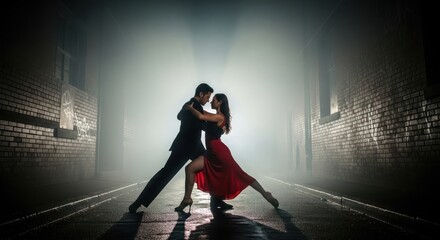 Passionate tango performance in an atmospheric urban alley, embracing romance and intensity