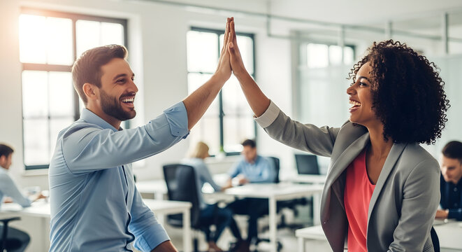 Diverse Business Team Celebrating Success with a High Five in Office