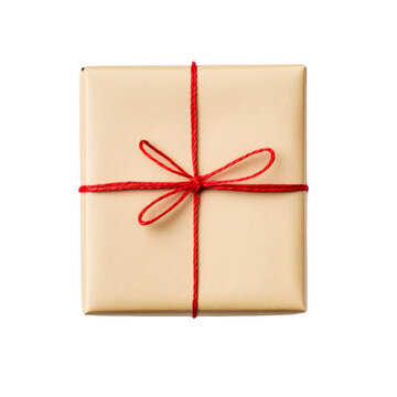 Tan package tied beautifully with bright red string and bow on transparent background