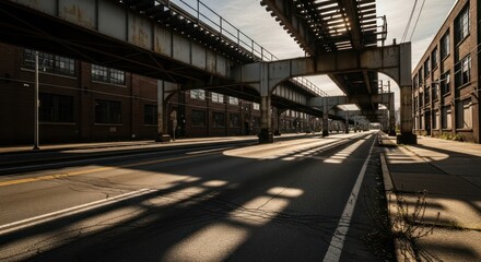 Urban infrastructural contrast of steel bridge and aged brick architecture under sunlight beams