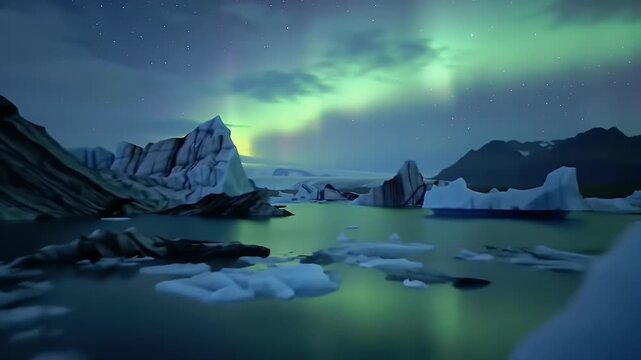 Glacial Icebergs in Calm Waters with Aurora Borealis and Starry Sky at Night