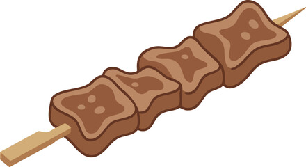 A simple cartoon illustration of four pieces of grilled meat on a wooden skewer, resembling a kebab or yakitori, isolated on a white background.