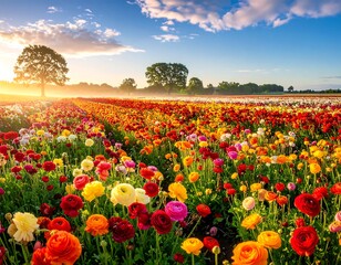 Fototapeta premium Vibrant Flower Field at Sunrise.