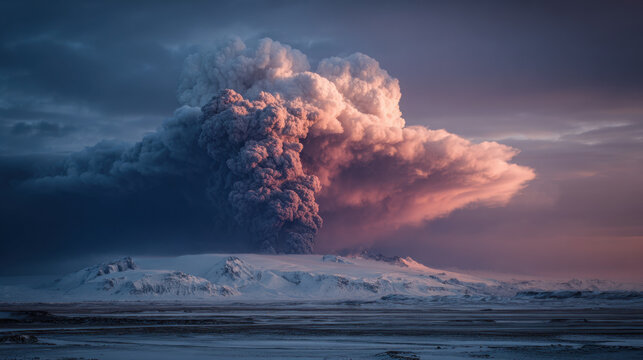 Volcanic eruption ash cloud lava glow snowy mountain dramatic sky sunset light climate remote landscape winter wilderness awe surges over frozen