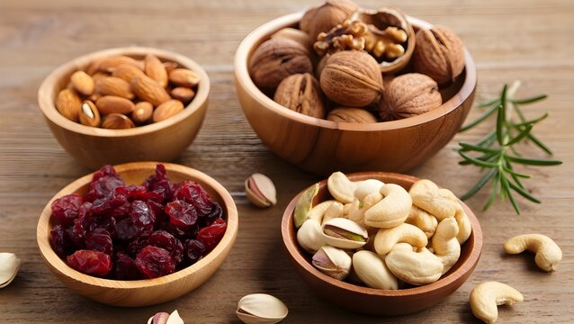 Flat Lay of Assorted Nuts and Dried Fruits in Bowls