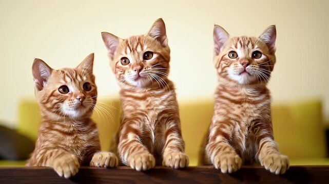 Charming Trio of Ginger Tabby Kittens Playfully Interact Together on a Table with a Blurred Yellow Background Adorable Felines Showing Their Expressive Faces and Curious Eyes and Playful Paws