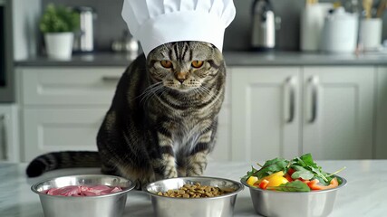 Chocolate Brown Scottish Fold Cat Wearing Chef's Hat Sitting on Kitchen Counter with Raw Meat Kibble and Fresh Salad in Stainless Steel Bowls Looking at Viewer