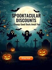 Spooktacular Halloween Discounts Flyer with Graveyard, Ghosts, and Glowing Moon