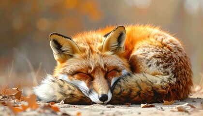 Obraz premium A beautiful, serene image showcases a sleeping fox curled up comfortably amongst fallen autumn leaves, its orange and white fur vividly contrasting with the blurred, natural background, creating a...