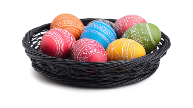 Set Easter eggs in a black basket isolated on a white background