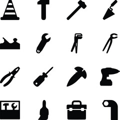 Set of 20 construction and tool silhouette icons including hammer, wrench, drill, pliers, and toolbox for industrial design