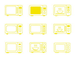 Collection of Yellow Microwave Oven Icons with Different Settings and Food