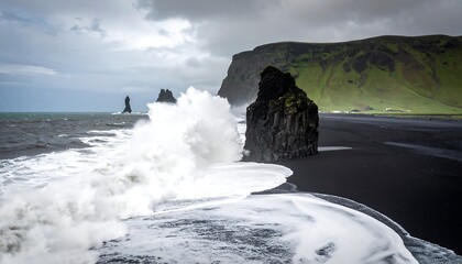 Dramatic black sand beach with crashing waves, basalt rock formations, and moody sky