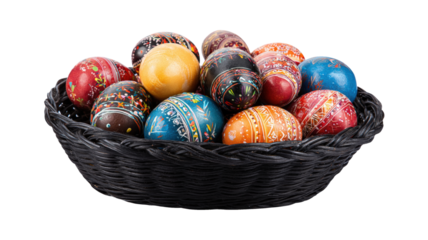 Set Easter eggs in a black basket isolated on a white background