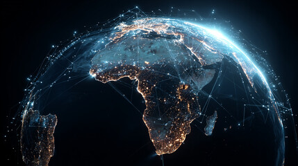 A futuristic view of Earth from space shows a glowing network connecting cities across Africa and Europe at night symbolizing global data transmission and interconnectedness
