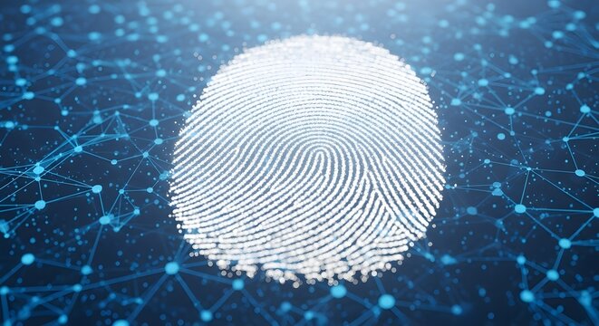 Biometric fingerprint scanning on a digital network background for cybersecurity.