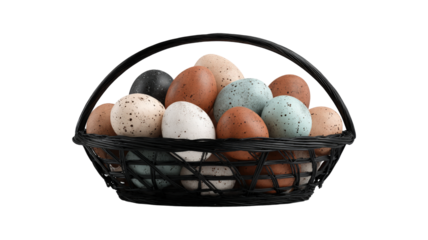 Set Easter eggs in a black basket isolated on a white background