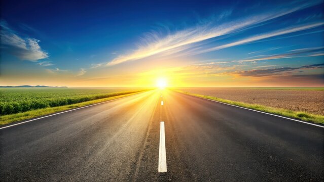 Asphalt road stretching towards a vibrant sunset over a tranquil landscape, promising adventure and the pursuit of new horizons