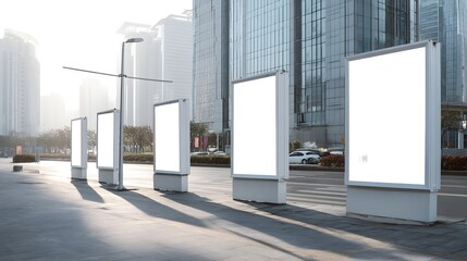 Urban street scene featuring multiple glowing digital billboards and advertising screens in a modern city environment with blurred background buildings and sunlight