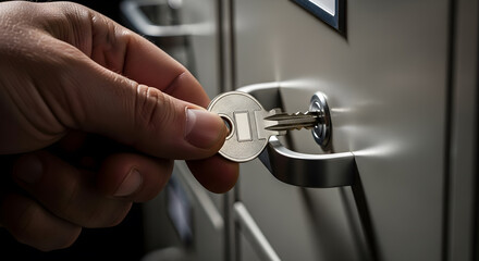 Inserting a key into a gray metal filing cabinet drawer.