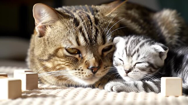 Close Up of Affectionate Brown Tabby Cat and Kitten Cuddle Gently with Wooden Cubes on Textured Surface Representing Love and Togetherness This Video Symbolizes Mother's Day