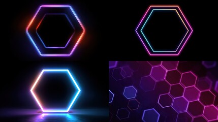 Neon Hexagons in an Array - Vibrant Geometric Shapes, Glowing Edges, Futuristic Glow.
