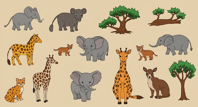 Illustrated wildlife animals set elephants giraffes trees and more - Powered by Adobe