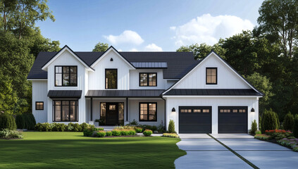 Stylish modern two-story family house with big yard, white walls, large windows, and garage. Peaceful, bright, ideal dream home.