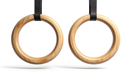 Gymnastic rings made of wood for athletic training and fitness exercises, suspended from black straps against a white background