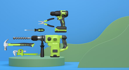 Construction tools and safety equipment floating over podium on abstract background, industrial work and protection concept