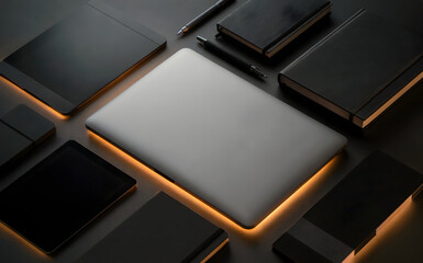 Sleek laptop with glowing edge surrounded by modern tech devices and notebooks suggesting a professional workspace or creative digital environment