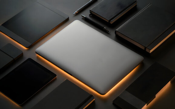 Sleek laptop with glowing edge surrounded by modern tech devices and notebooks suggesting a professional workspace or creative digital environment