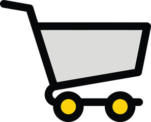 Illustration of a shopping cart with black outline and yellow wheels.