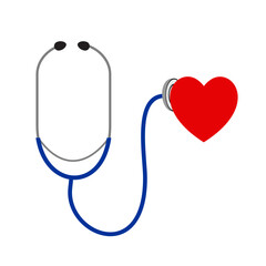 Stethoscope illustration examining a heart icon, representing heart check-ups in medical context, flat art design style.
