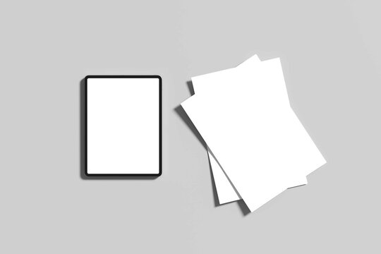 Realistic blank A4 format paper template with shadow. Flyer, cover, brochure mockup design with tablet PC mockup frame with angle blank screen.