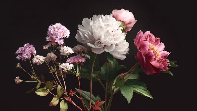 Curated garden stems&mdash;peony, wildflower, and airy textures&mdash;float against a moody backdrop, a sophisticated composition that blends romance and design for premium stationery, fashion, and lifestyle stor