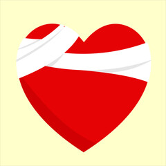 Red heart injury wrapped in a white cloth bandage, symbolizing healing and emotional recovery, flat art design style.
