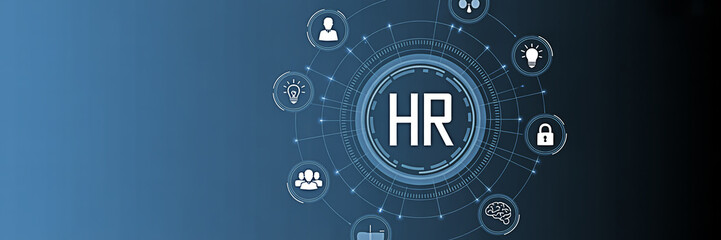 Human resources concept with hr letters and icons on a futuristic interface on a blue background