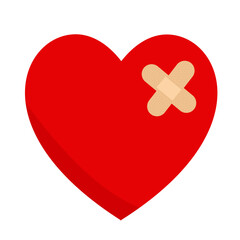 Red heart with a wound covered by a bandage, a symbolic image of heartbreak or emotional recovery, flat art design style.
