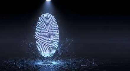 Futuristic biometric authentication concept with a glowing digital fingerprint hologram.