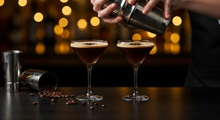 a mixologist's hands shaking a sleek metal shaker.On the dark bar,two elegant glasses with an espresso martini,each with a dusting of coffee beans on top are waiting.A small pile of coffee beans is on