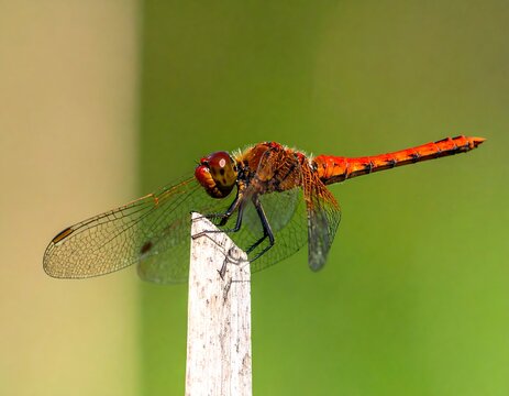 Close-up of a colorful dragonfly perched on a twig