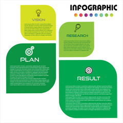 Clean business infographic design with green blocks highlighting vision, research, plan, and result, ideal for workflow, strategy, and corporate presentation templates.