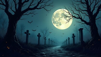 Dark Halloween graveyard background with full moon, flying bats, and spooky trees, atmospheric illustration