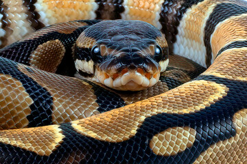 close up of a python ,Close-up of a ball python curled up ,The ball python (Python regius) normal morph