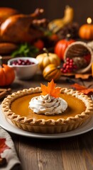 Thanksgiving feast pumpkin pie with autumnal food and decorations